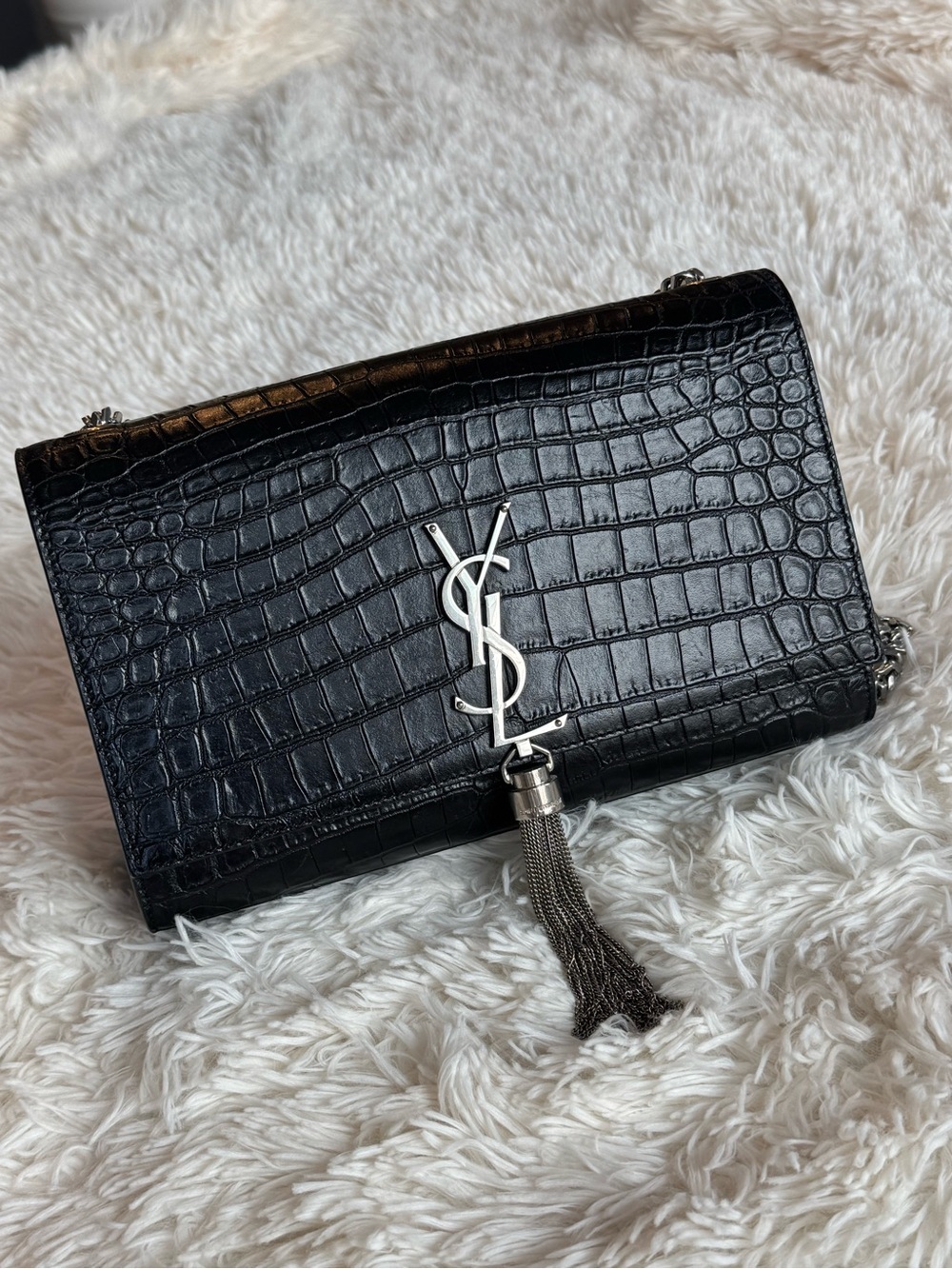 Saint Laurent Black Croc-Embossed Monogram Tassel Shoulder Bag